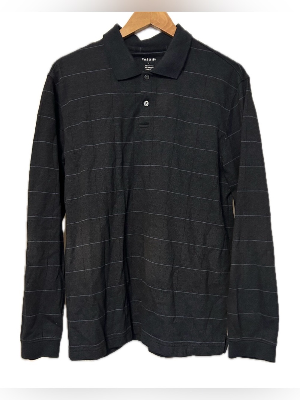 Van Heusen Long Sleeve Polo Charcoal Gray/Light Blue Pin Stripe. Men’s Large. - Picture 3 of 9
